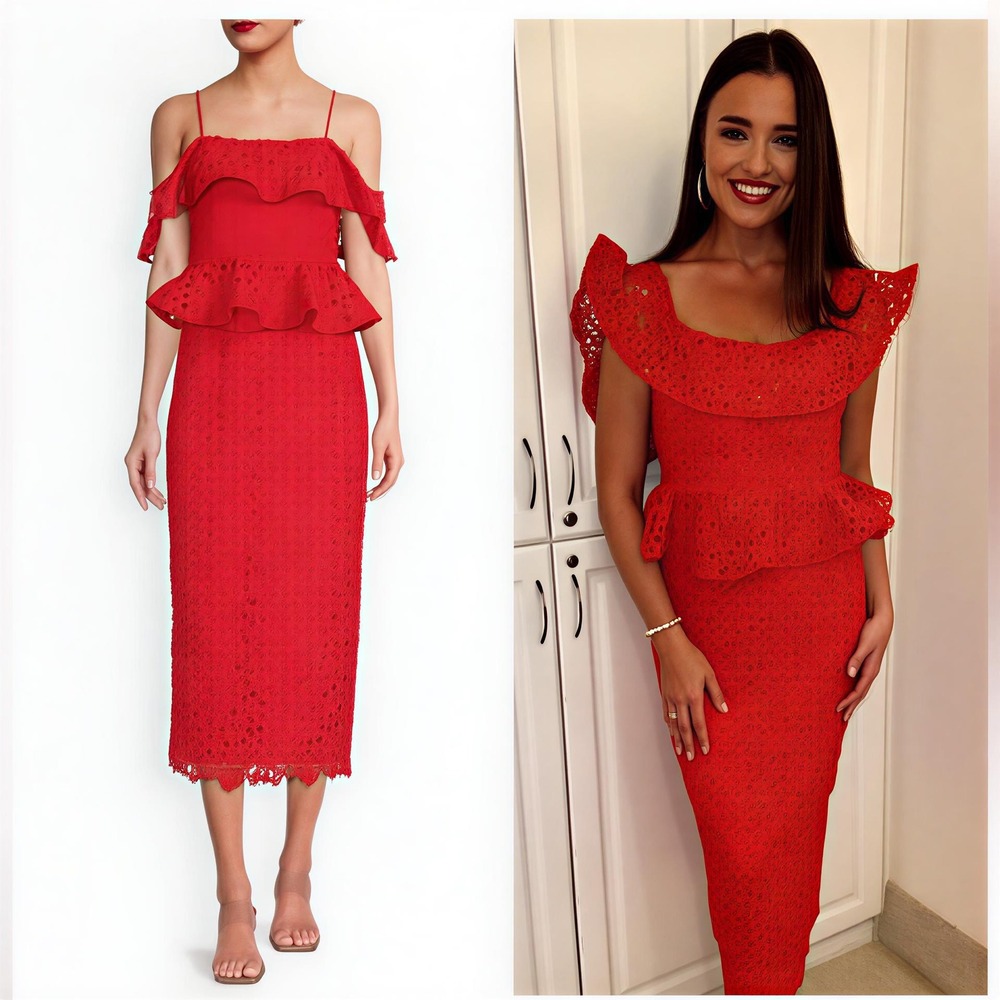 NWT Muse by Marchesa Red Floral Lace Peplum Midi Dress Spaghetti‎ Strap Size 2